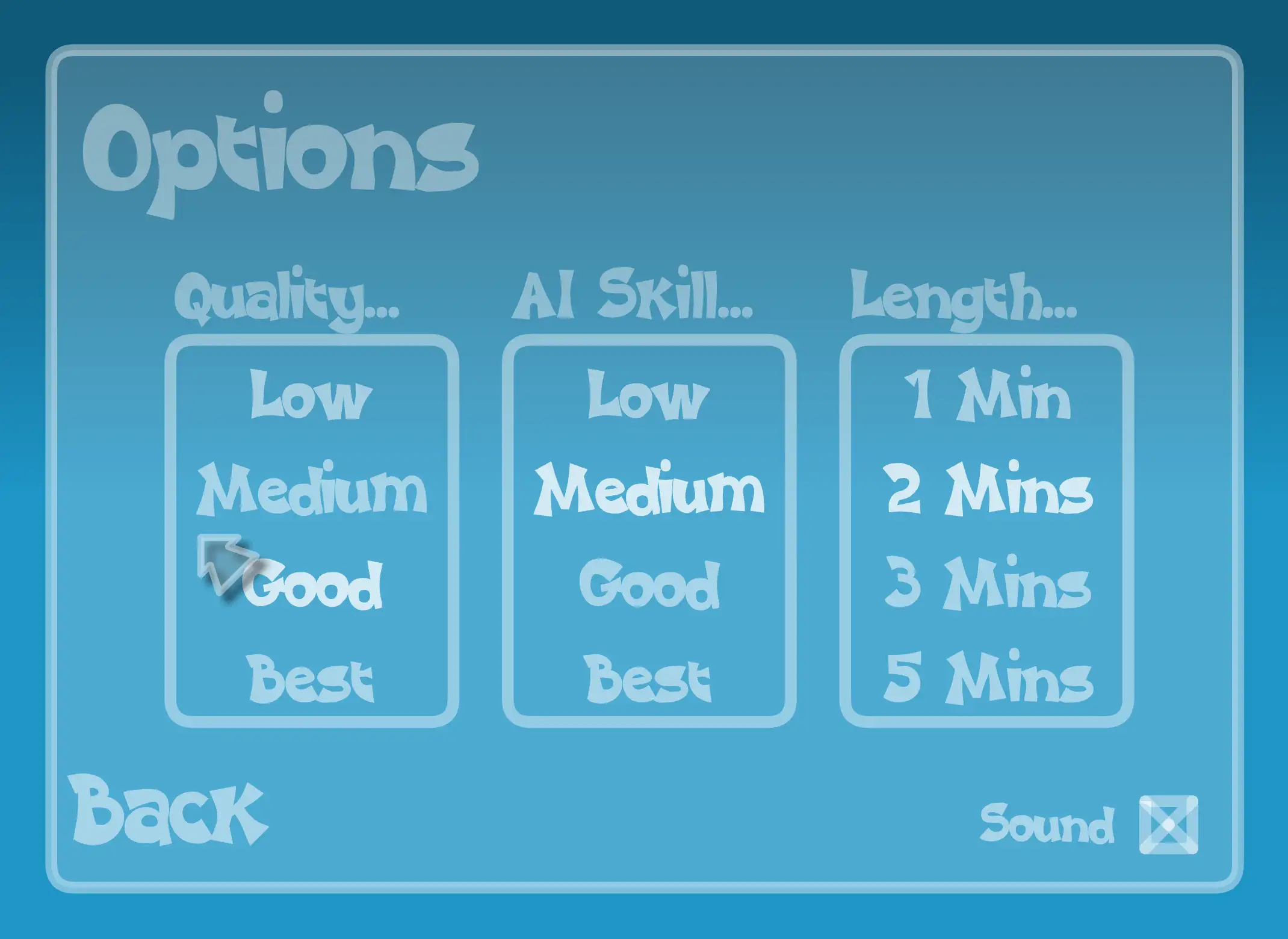 Game Options Screen with option to set timer in 1 on 1 Soccer
