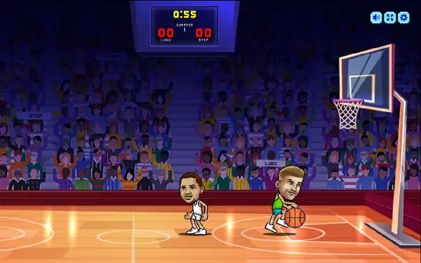 Basket Bros Unblocked gameplay screenshot showing a 1v1 match in progress