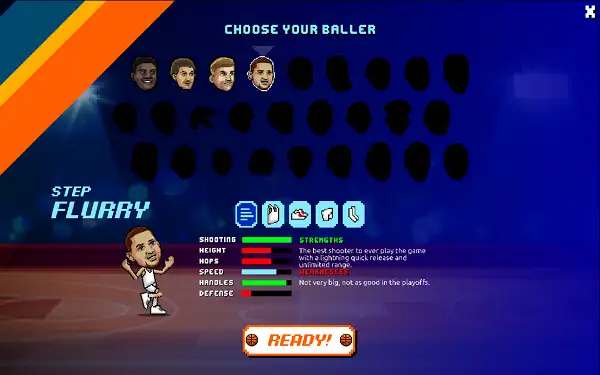 Basket Bros character select screen showing starting roster
