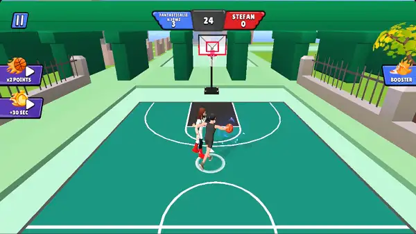 Basketball Superstars gameplay screenshot showing a player dribbling on the court