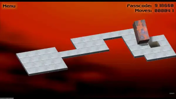 Bloxorz gameplay screenshot showing the block rolling across a platform toward the exit hole