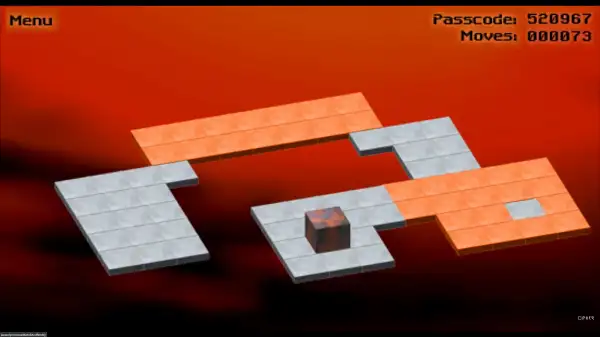 The block falling through the exit hole to complete a level in Bloxorz