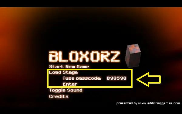 Bloxorz level select screen with passcode entry