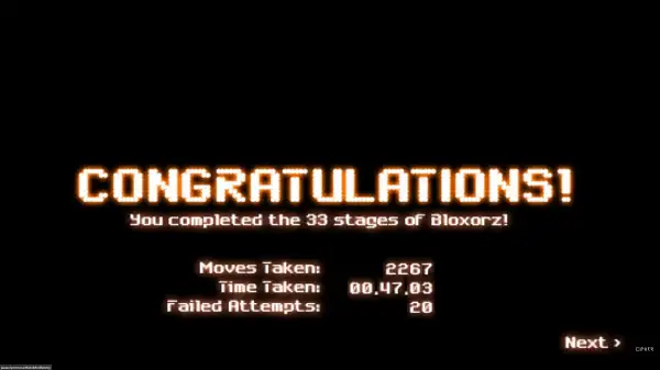 Bloxorz Congratulation Screen after completing 33 Stages
