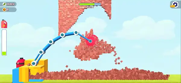 Bucket Smash gameplay screenshot showing the saw machine cutting through a brick wall