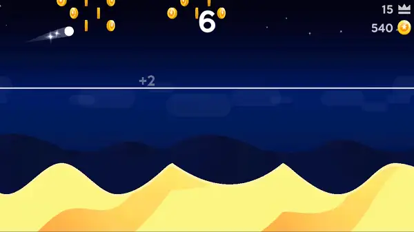 Curve Rush Unblocked gameplay screenshot showing the ball flying above the skyline