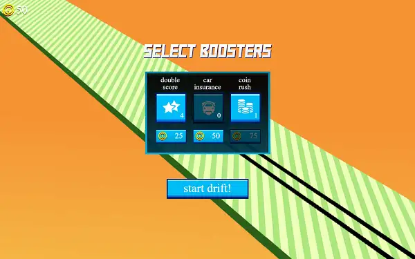 The booster shop in Drift Boss showing Double Score, Car Insurance, and Coin Rush