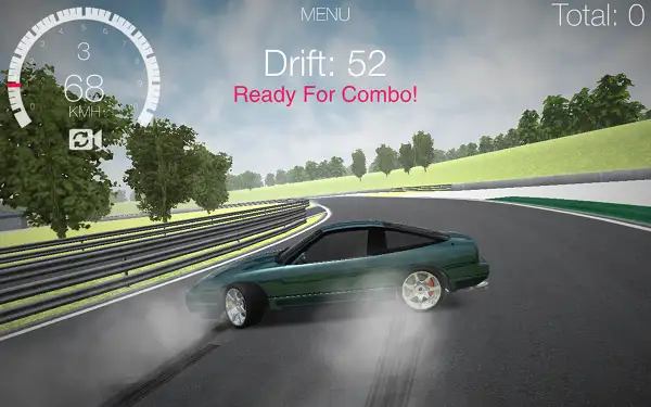 Drift Hunters gameplay screenshot showing a car mid-drift with tire smoke