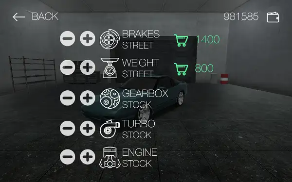 The garage and customization screen in Drift Hunters
