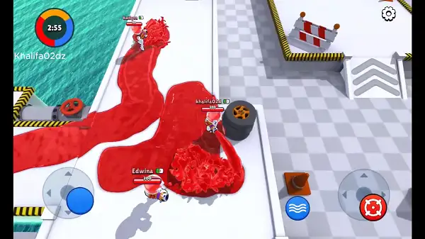 Dye Hard Unblocked gameplay showing three team colors contesting territory in paint-covered arena