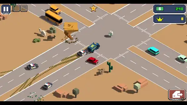 Escape Road 3 gameplay screenshot showing a car being chased by police through the city