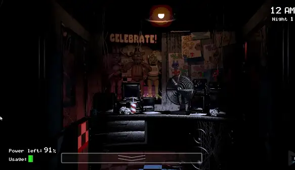 Five Nights at Freddy's gameplay screenshot showing the security office and power meter
