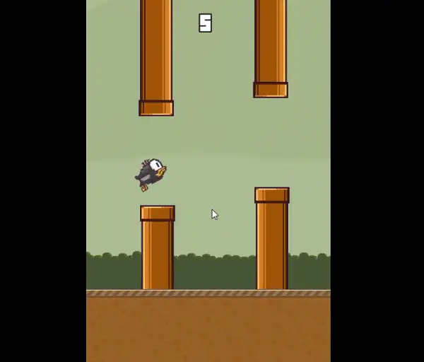 Flappy Bird 2 gameplay screenshot showing the bird flying between Orange pipes
