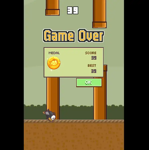 ame over screen in Flappy Bird 2 showing final score