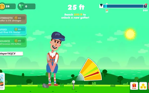 Golf Hit Unblocked gameplay showing ball mid-flight with power meter and distance counter visible