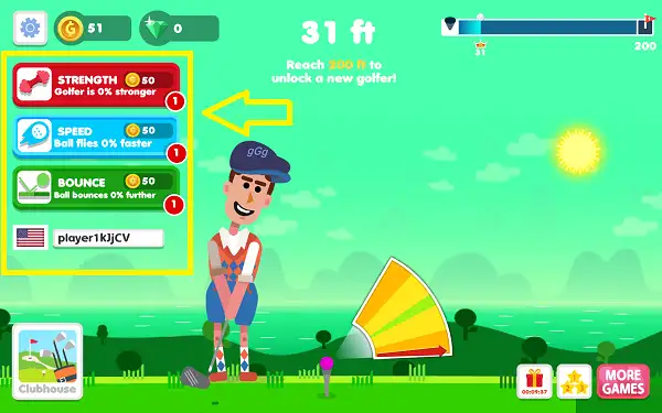 Golf Hit upgrade shop showing Power Speed and Bounce upgrade options with coin costs