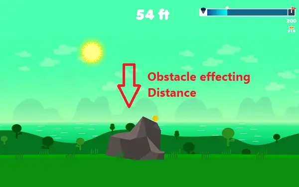 Golf Hit ball rolling across terrain with obstacles and slopes affecting bounce distance