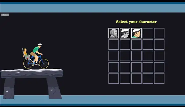 Character selection screen in Happy Wheels