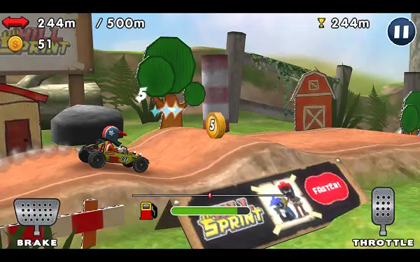 Hill Sprint gameplay screenshot showing a vehicle airborne over a hilly track