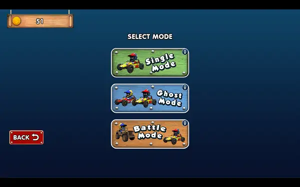 Mode selection screen in Hill Sprint showing Single, Ghost, and Battle modes