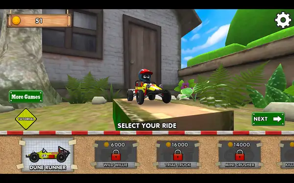 The vehicle garage in Hill Sprint showing multiple unlockable vehicles