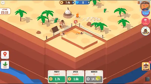 Idle Digging Tycoon gameplay screenshot showing cavemen digging for gold