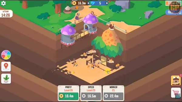 Multiple hired cavemen working across the dig site in Idle Digging Tycoon