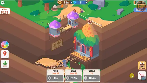 A developed mining operation in Idle Digging Tycoon