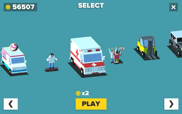 The Garage screen in Loop Crash 2 showing available cars