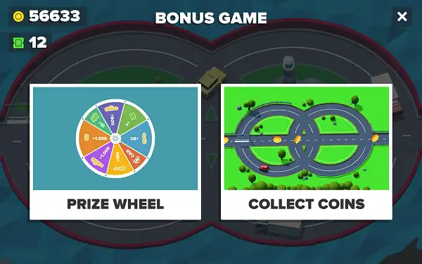 Bonus Game Selection screen showing price wheel and collect coins in in Loop Crash 2