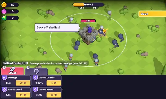 Mage Castle Idle Defense gameplay screenshot showing the mage defending the tower from a wave of enemies
