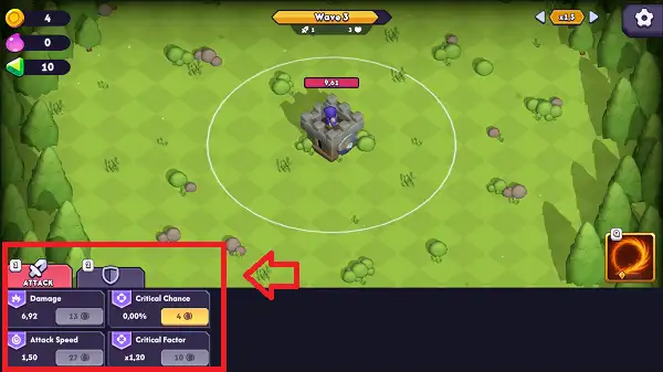 The upgrade menu in Mage Castle Idle Defense