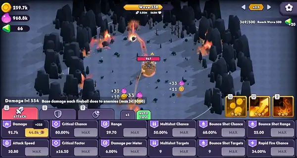 Wave 338 in Mage Castle Idle Defense Gameplay