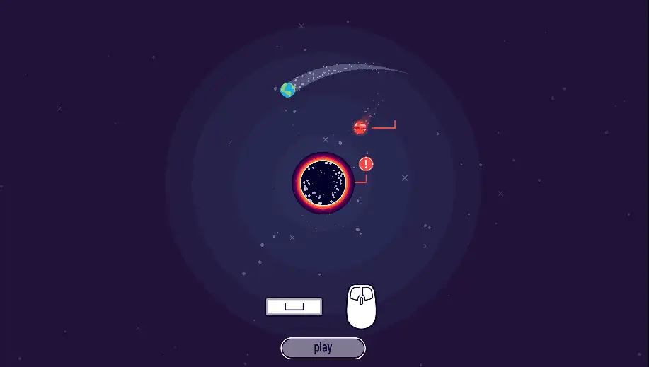 Orbit Rush gameplay screenshot showing a planet orbiting near a black hole with obstacles nearby