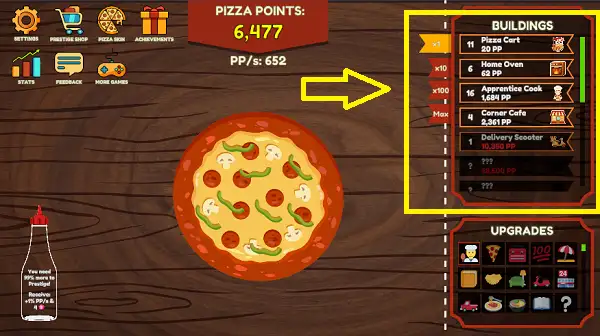 Pizza Clicker buildings shop menu showing