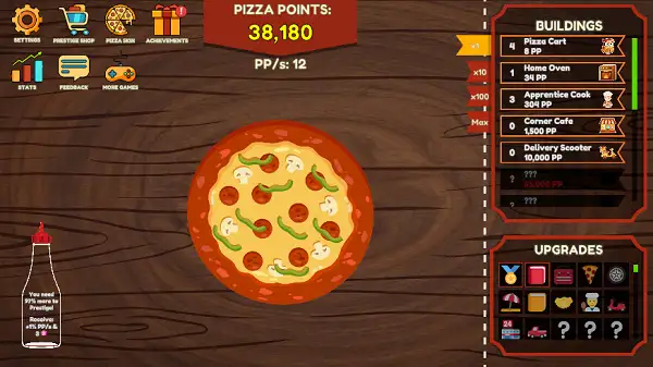 Pizza Clicker gameplay screenshot showing the main pizza-clicking interface and building list