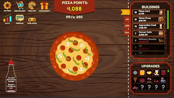 Mid Game with lots of Buildings in Pizza Clicker