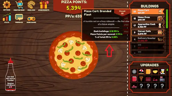 A building's visual tier upgrading after reaching a milestone count in Pizza Clicker