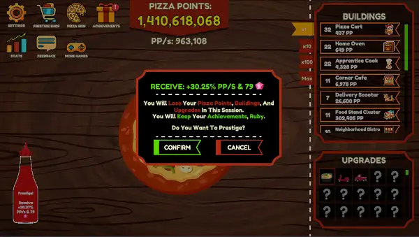 Pizza Clicker prestige upgrade screen