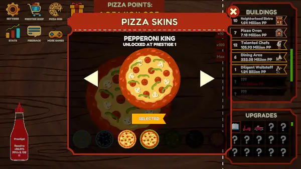 Pizza Clicker skin selection menu