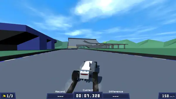 PolyTrack gameplay screenshot showing a low-poly car mid-jump on a track