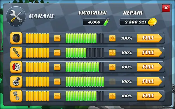 Garage Screen in Racing Pop with tuning menu showing the five upgradeable parts and condition percentage