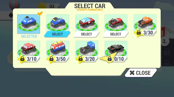 The car garage in Rapid Rally showing available vehicles