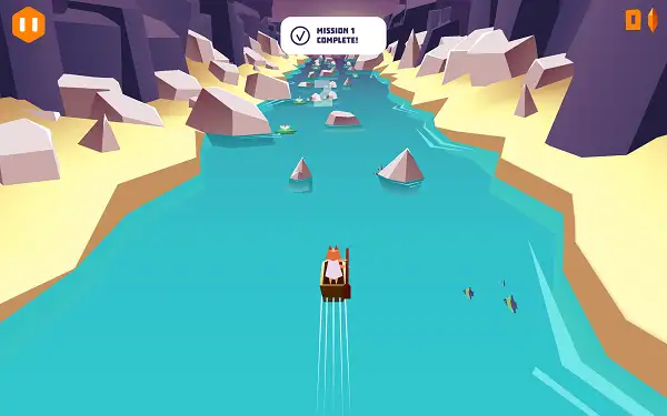 River Drift Unblocked gameplay showing boat steering between rocks in colorful fantasy river