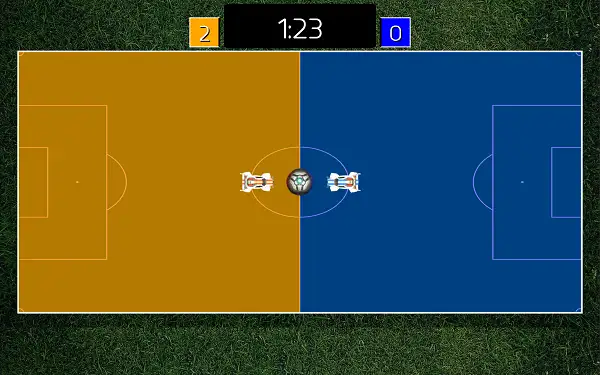 Rocket League 2D gameplay screenshot showing two cars chasing the ball