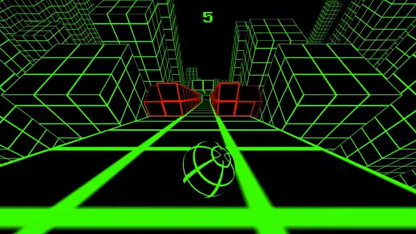 Slope gameplay screenshot showing the ball racing down a neon 3D track