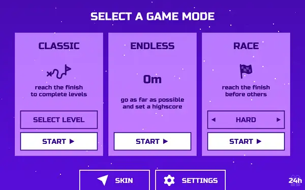 Mode selection screen in Space Waves showing Classic, Endless, and Race modes