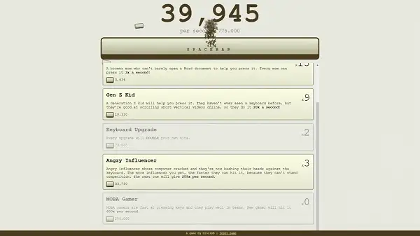 Spacebar Clicker gameplay screenshot showing the point counter and click prompt