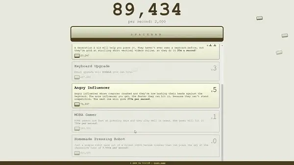 Score climbing quickly with active upgrades in Spacebar Clicker
