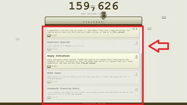 The upgrade shop in Spacebar Clicker
